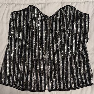 Black and Silver Sequin Strapless Corset Top